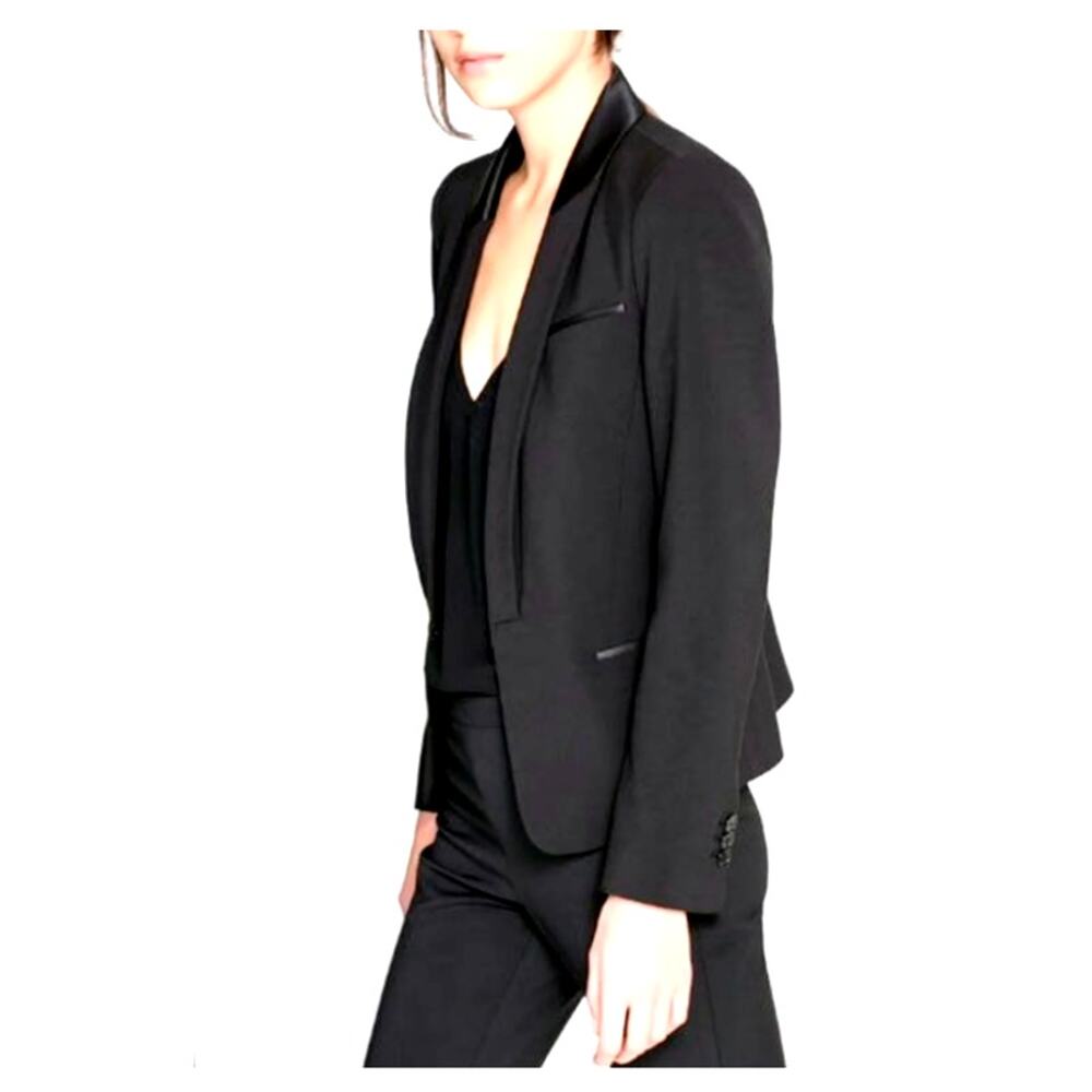 Classic Zara Black Tailored Satin Tuxedo Lapel Blazer Slim Fit M